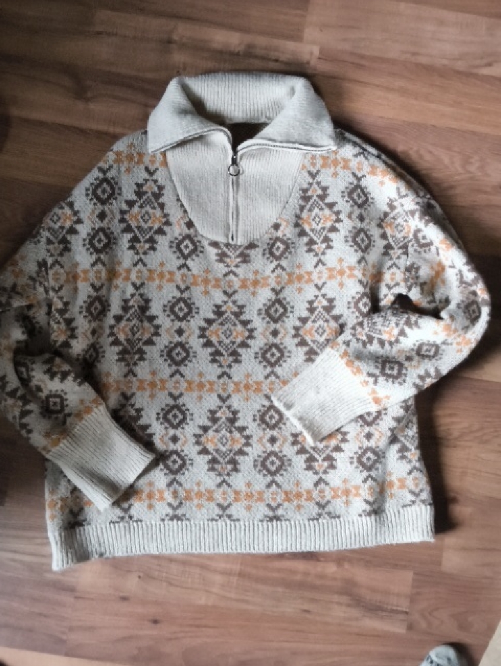 Cowl-Zip Fair Isle Sweater - Cream with Brown & Gold Accents